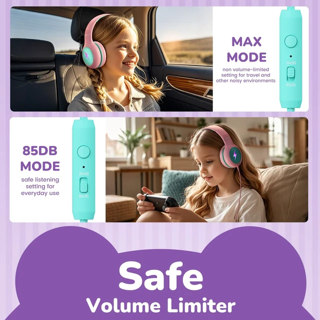Alt view image 2 of 7 - Kids USB C Headphones for School, Safe Listening Wired Over-Ear Headphones with LED Lights, Volume Limiter & Microphone, Foldable Design for iPhone 16/ 17, iPad, Tablet