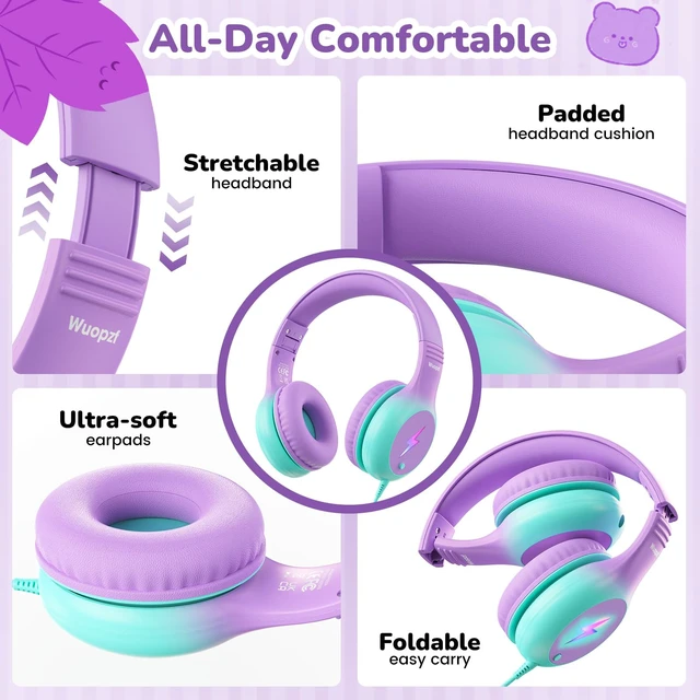 Alt view image 5 of 7 - Kids USB C Headphones for School, Safe Listening Wired Over-Ear Headphones with LED Lights, Volume Limiter & Microphone, Foldable Design for iPhone 16/ 17, iPad, Tablet