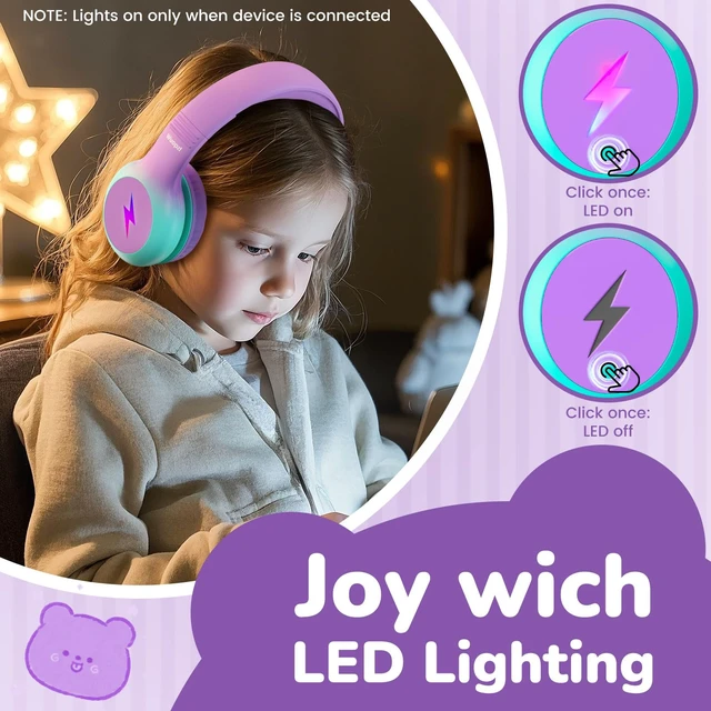 Alt view image 3 of 7 - Kids USB C Headphones for School, Safe Listening Wired Over-Ear Headphones with LED Lights, Volume Limiter & Microphone, Foldable Design for iPhone 16/ 17, iPad, Tablet