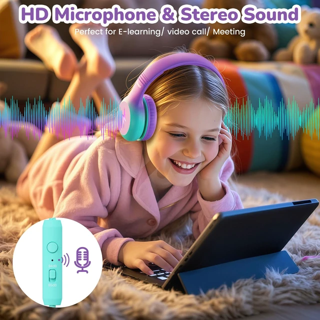 Alt view image 6 of 7 - Kids USB C Headphones for School, Safe Listening Wired Over-Ear Headphones with LED Lights, Volume Limiter & Microphone, Foldable Design for iPhone 16/ 17, iPad, Tablet