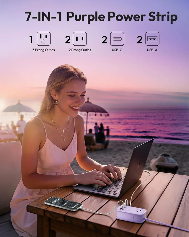 Alt view image 3 of 7 - GAN Ultra 65W USB Fast Charging Station, 7 in 1 Travel Power Strip with 3 Outlets 4 USB (2 USB C), Extension Cord 4ft, Cruise Essentials Compatible with MacBook, iPhone,Purple