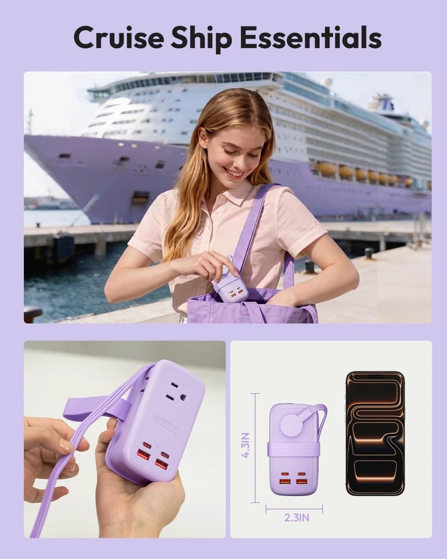 Alt view image 4 of 7 - GAN Ultra 65W USB Fast Charging Station, 7 in 1 Travel Power Strip with 3 Outlets 4 USB (2 USB C), Extension Cord 4ft, Cruise Essentials Compatible with MacBook, iPhone,Purple