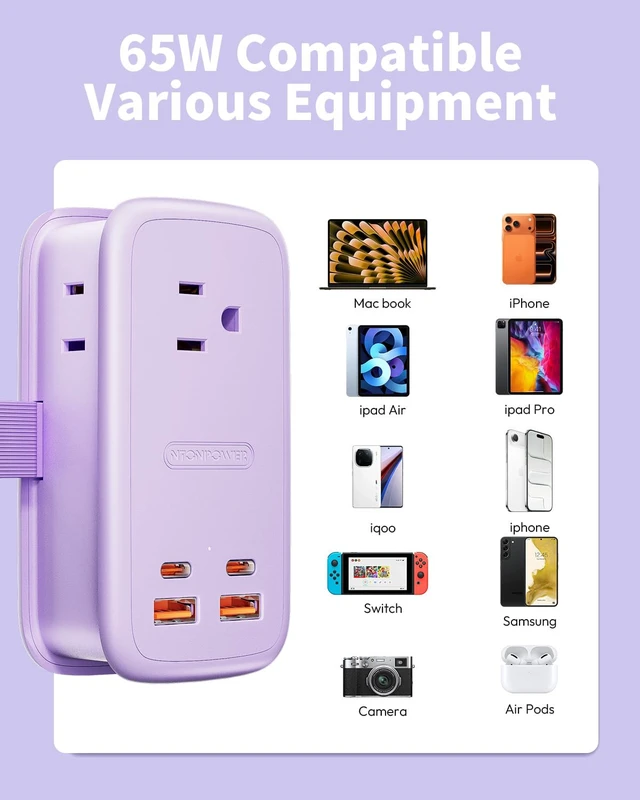 Alt view image 7 of 7 - GAN Ultra 65W USB Fast Charging Station, 7 in 1 Travel Power Strip with 3 Outlets 4 USB (2 USB C), Extension Cord 4ft, Cruise Essentials Compatible with MacBook, iPhone,Purple