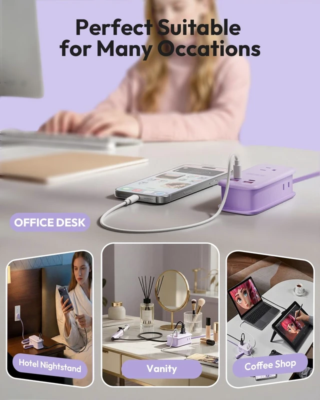 Alt view image 6 of 7 - GAN Ultra 65W USB Fast Charging Station, 7 in 1 Travel Power Strip with 3 Outlets 4 USB (2 USB C), Extension Cord 4ft, Cruise Essentials Compatible with MacBook, iPhone,Purple