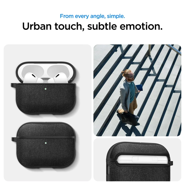 Alt view image 4 of 7 - Urban Fit Designed for AirPods Pro 3 Case (2025) Premium Nylon Fabric, Inner Suede Lining, Carabiner Included, Wireless Charging Compatible, Matte Black