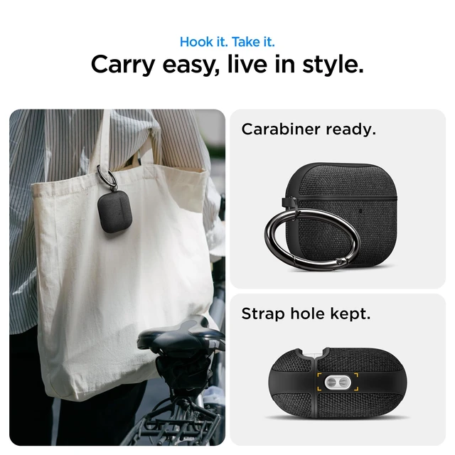 Alt view image 7 of 7 - Urban Fit Designed for AirPods Pro 3 Case (2025) Premium Nylon Fabric, Inner Suede Lining, Carabiner Included, Wireless Charging Compatible, Matte Black