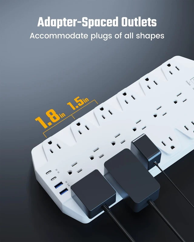 Alt view image 3 of 7 - 18 AC Power Strip Surge Protector, 6.5FT, Flat Plug, 1875W/15A White, 2100J, with 4 USB Ports, Heavy Duty Extension Cord, Wall Mount Holes for Gaming Room, Home, Office, Dorm