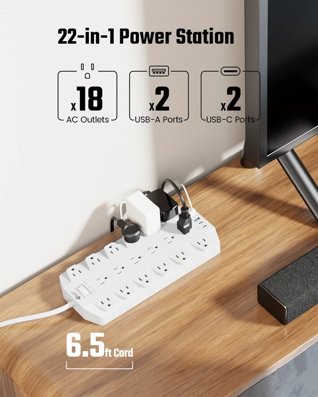 Alt view image 2 of 7 - 18 AC Power Strip Surge Protector, 6.5FT, Flat Plug, 1875W/15A White, 2100J, with 4 USB Ports, Heavy Duty Extension Cord, Wall Mount Holes for Gaming Room, Home, Office, Dorm