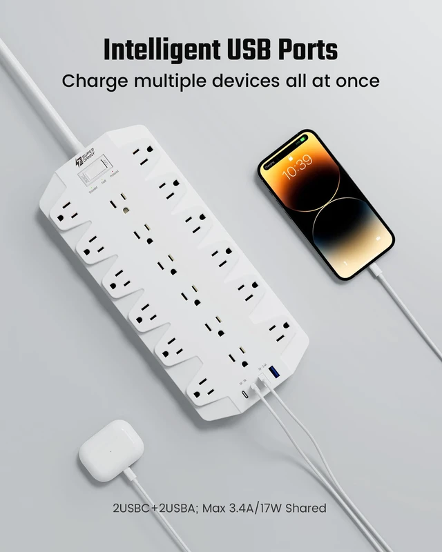 Alt view image 4 of 7 - 18 AC Power Strip Surge Protector, 6.5FT, Flat Plug, 1875W/15A White, 2100J, with 4 USB Ports, Heavy Duty Extension Cord, Wall Mount Holes for Gaming Room, Home, Office, Dorm
