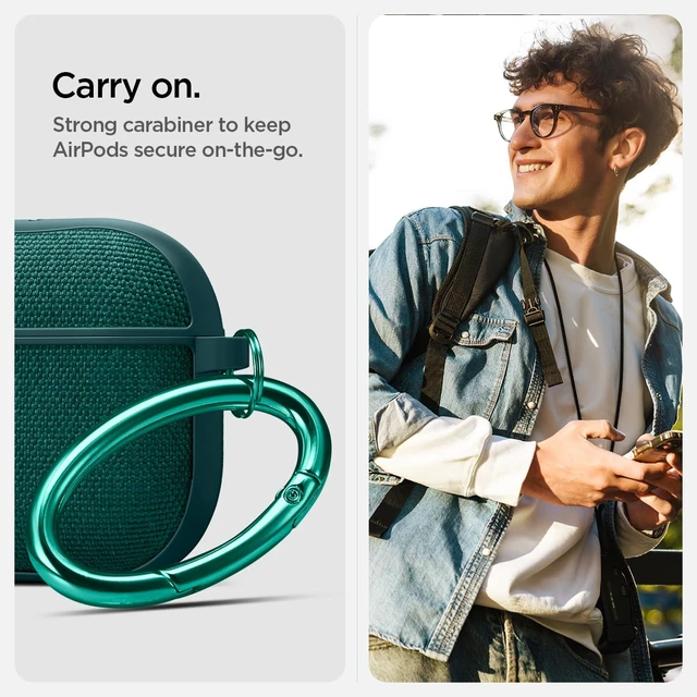 Alt view image 4 of 7 - Urban Fit Designed for AirPods 5 / AirPods 4 Case (2026/2024) Premium Nylon Fabric, Carabiner Included, Wireless Charging Compatible, Midnight Green