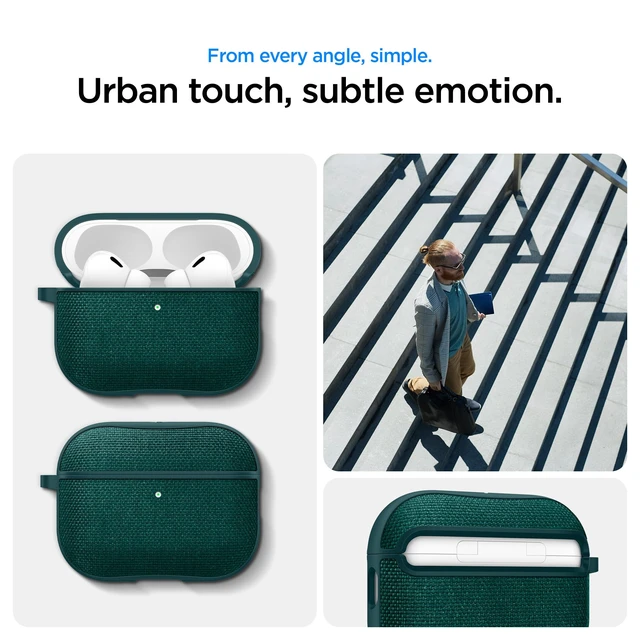 Alt view image 4 of 7 - Urban Fit Designed for AirPods Pro 3 Case (2025) Premium Fabric, Inner Suede Lining, Carabiner Included, Wireless Charging Compatible, Midnight Green