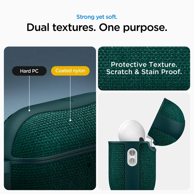 Alt view image 5 of 7 - Urban Fit Designed for AirPods Pro 3 Case (2025) Premium Fabric, Inner Suede Lining, Carabiner Included, Wireless Charging Compatible, Midnight Green