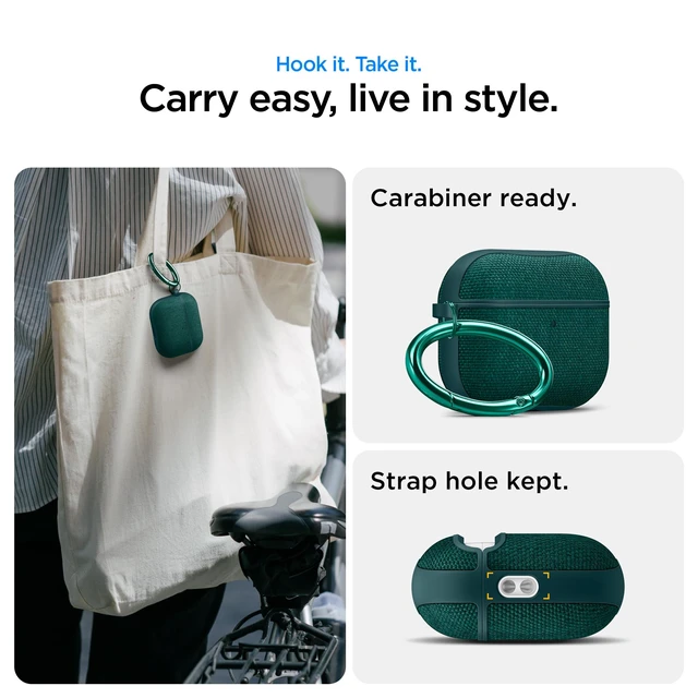 Alt view image 7 of 7 - Urban Fit Designed for AirPods Pro 3 Case (2025) Premium Fabric, Inner Suede Lining, Carabiner Included, Wireless Charging Compatible, Midnight Green