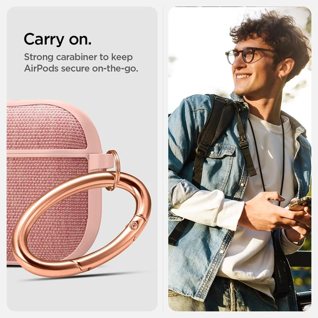 Alt view image 4 of 7 - Urban Fit Designed for AirPods 5 / AirPods 4 Case (2026/2024) Premium Nylon Fabric, Carabiner Included, Wireless Charging Compatible, Rose Gold