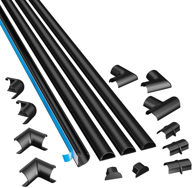 Main image of 13.12ft Cord Hider Kit, Patented Cable Cover, Hide Wires on Wall, Channel for TV Mount Cords, Raceway Wire Hiders, Paintable, Adhesive, Half Round, 4X 1.18in W x 0.59in H x 39in Lengths, Black