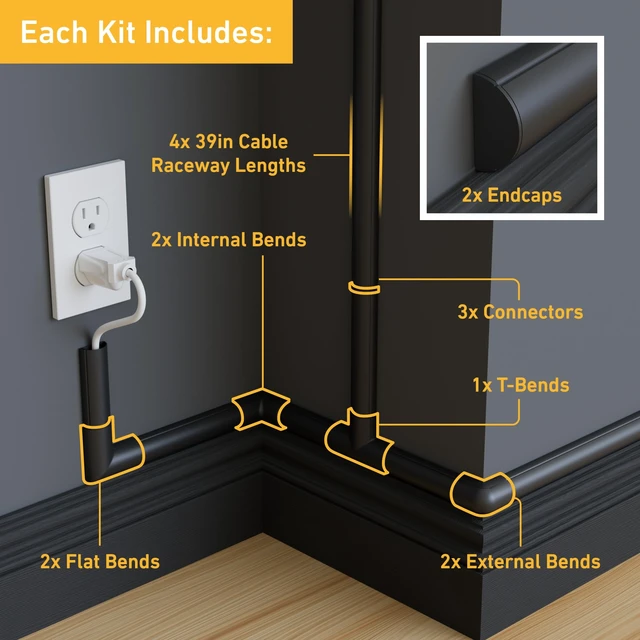 Alt view image 2 of 7 - 13.12ft Cord Hider Kit, Patented Cable Cover, Hide Wires on Wall, Channel for TV Mount Cords, Raceway Wire Hiders, Paintable, Adhesive, Half Round, 4X 1.18in W x 0.59in H x 39in Lengths, Black