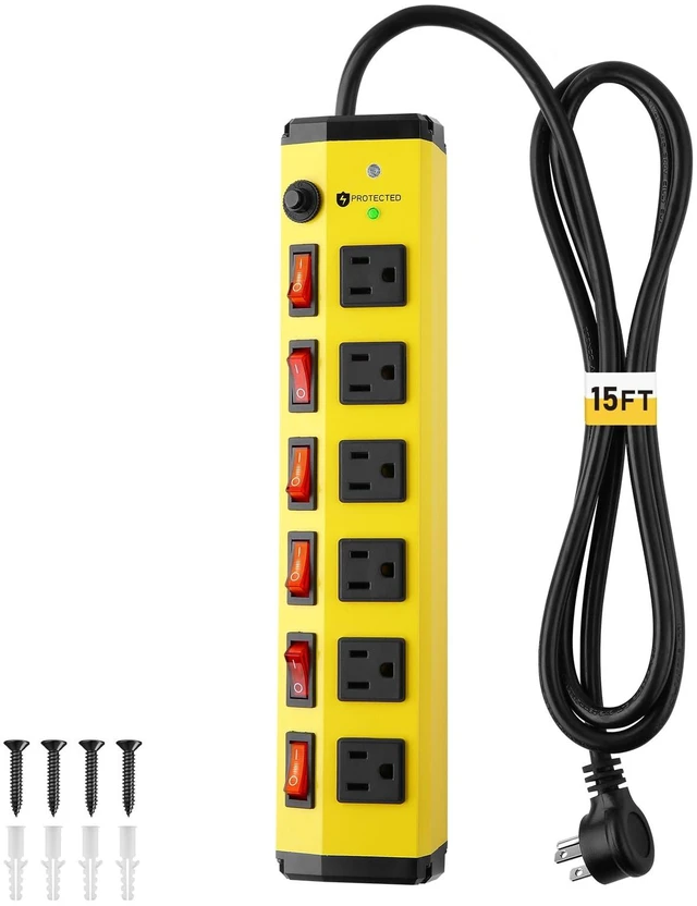 Main image of Heavy Duty Power Strip Surge Protector,Individual Switches,6FT/15A 6 Outlet Surge Protector with 1200J,Flat Plug Design,Wall Mountable Metal Power Strip for Appliance,Workshop,Garage,1875W/ETL