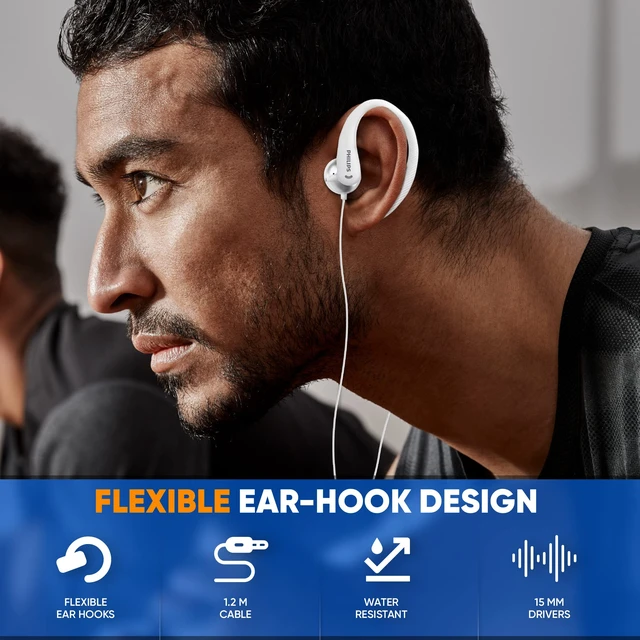 Alt view image 3 of 4 - Over The Ear Earbuds, Flexible Wrap Around Earbuds, Around Ear Headphones with Mic Behind The Ear Headphones, Perfect for Sports, Running, Exercise, Gym (White)