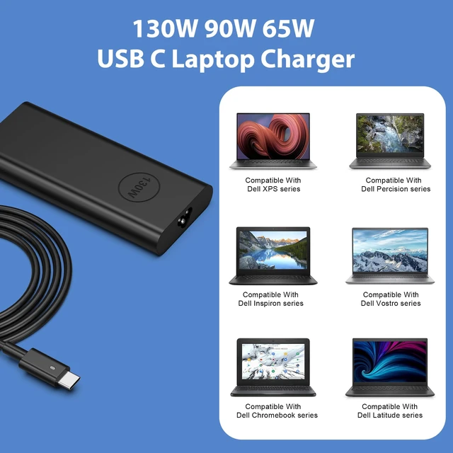 Alt view image 5 of 7 - 130W USB C Laptop Charger AC Adapter Compatible with Dell XPS 15 17 2in1 9575 9500 9700,Latitude 7410 7310 7210 7480,Precision 5530 2in1 5550 5750 3560,DA130PM170 Power Cord Supply