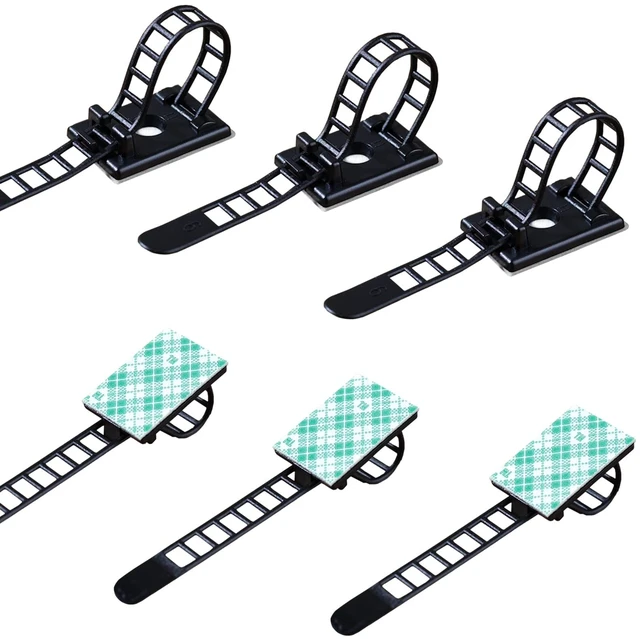 Main image of Adjustable Adhesive Cable Ties, Releasable Nylon Straps, 200 Pack Adhesive-backed cord organizers for routing power, USB, HDMI and data cables under desks and around home or office equipment