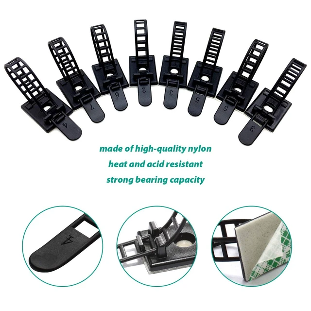 Alt view image 2 of 7 - Adjustable Adhesive Cable Ties, Releasable Nylon Straps, 200 Pack Adhesive-backed cord organizers for routing power, USB, HDMI and data cables under desks and around home or office equipment
