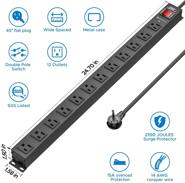 Alt view image 2 of 7 - 12-Outlet Metal Long Power Strip with 2100J Surge Protector Heavy Duty Mountable Power Strip,Wide Spaced, 6Ft Cord (15A/1875W)