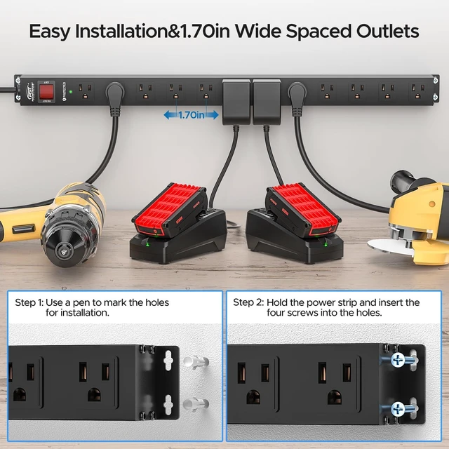 Alt view image 3 of 7 - 12-Outlet Metal Long Power Strip with 2100J Surge Protector Heavy Duty Mountable Power Strip,Wide Spaced, 6Ft Cord (15A/1875W)