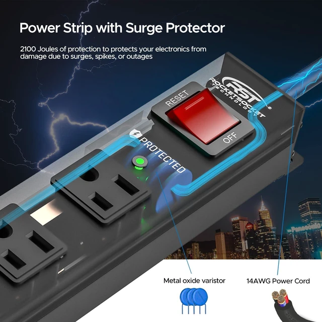 Alt view image 4 of 7 - 12-Outlet Metal Long Power Strip with 2100J Surge Protector Heavy Duty Mountable Power Strip,Wide Spaced, 6Ft Cord (15A/1875W)