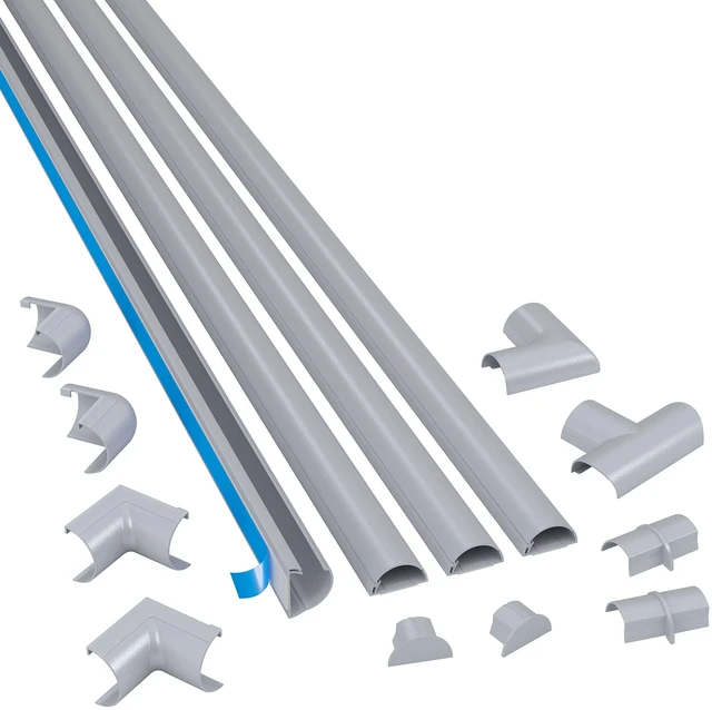 Main image of 13.12ft Cord Hider Kit, Patented Cable Cover, Hide Wires on Wall, Channel for TV Mount Cords, Raceway Wire Hiders, Paintable, Adhesive, Half Round, 4X 1.18in W x 0.59in H x 39in Lengths, Gray