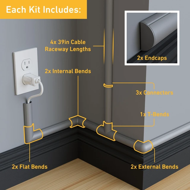Alt view image 2 of 7 - 13.12ft Cord Hider Kit, Patented Cable Cover, Hide Wires on Wall, Channel for TV Mount Cords, Raceway Wire Hiders, Paintable, Adhesive, Half Round, 4X 1.18in W x 0.59in H x 39in Lengths, Gray