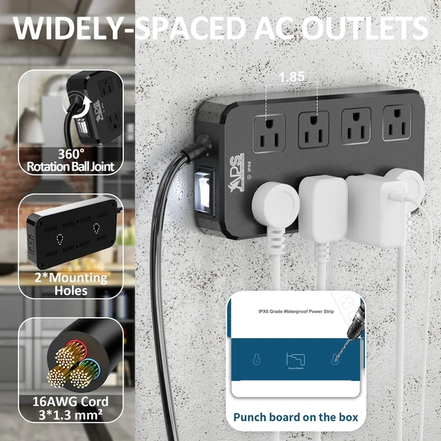 Alt view image 6 of 6 - Outdoor Power Strip Weatherproof Waterproof 8 Outlet 3 USB 6FT Outdoor Extension Cord with Multiple Outlets, Wall Mountable Outlet Extender Heavy Duty 13A for Patio Garden RV Christmas