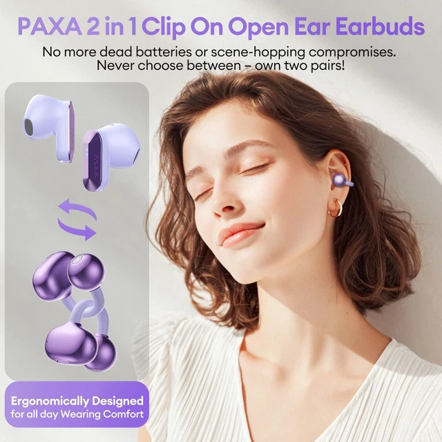 Alt view image 2 of 7 - 2 in 1 Clip on Open Ear Headphones Wireless Earbuds, 0 Delay Bluetooth 6.0, Ultra-long 140H Play, Auto L-R Recognition Touch Control, Hybrid Noise Reduction for Work Fitness Daily Use, Ctbuds Purple