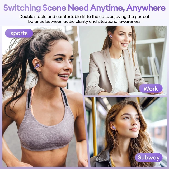 Alt view image 6 of 7 - 2 in 1 Clip on Open Ear Headphones Wireless Earbuds, 0 Delay Bluetooth 6.0, Ultra-long 140H Play, Auto L-R Recognition Touch Control, Hybrid Noise Reduction for Work Fitness Daily Use, Ctbuds Purple