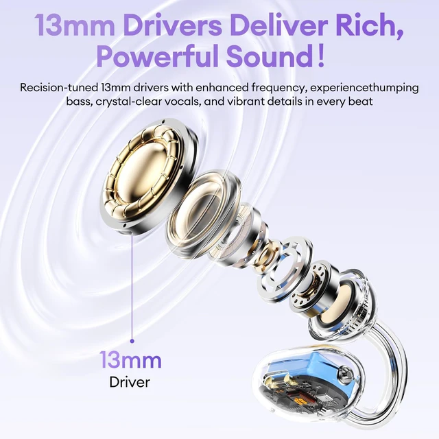 Alt view image 5 of 7 - 2 in 1 Clip on Open Ear Headphones Wireless Earbuds, 0 Delay Bluetooth 6.0, Ultra-long 140H Play, Auto L-R Recognition Touch Control, Hybrid Noise Reduction for Work Fitness Daily Use, Ctbuds Purple