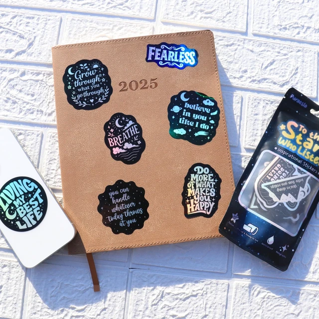 Alt view image 6 of 7 - 200 PCS Holographic Positive Affirmation Stickers - to The Stars Who Listen By - Lumina Series- Neon Inspirational Boost Stress Relief Sticker for Journaling & Laptop, Phone, Water Bottle