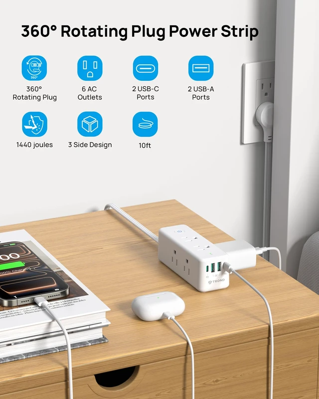 Alt view image 2 of 7 - 360 Rotating Plug Surge Protector Power Strip with USB C PD20W, White 6 Widely Spaced Outlets, 1440J Surge Protection, Wall-Mountable Design, 10ft Flat Extension Cord for Home Office Dormitory