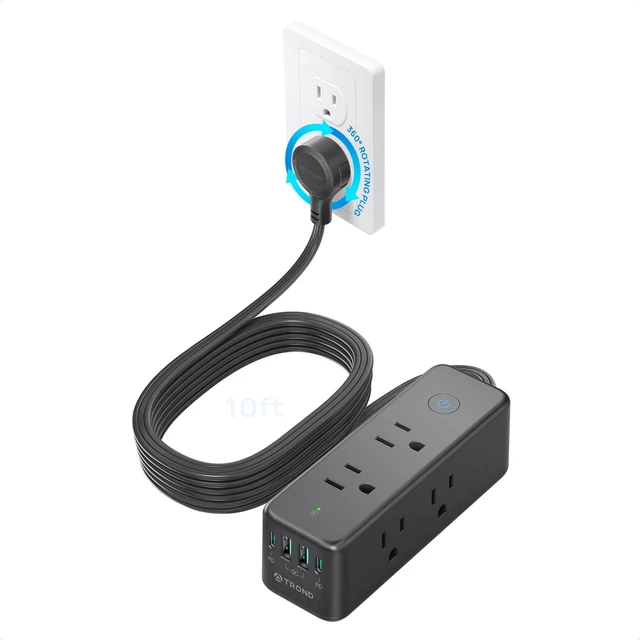 Main image of 360 Rotating Plug Surge Protector Power Strip with USB C PD20W, Black 6 Widely Spaced Outlets, 1440J Surge Protection, Wall-Mountable Design, 10ft Flat Extension Cord for Home Office Dormitory