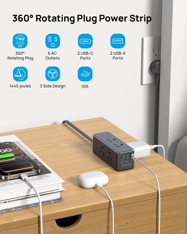 Alt view image 2 of 7 - 360 Rotating Plug Surge Protector Power Strip with USB C PD20W, Black 6 Widely Spaced Outlets, 1440J Surge Protection, Wall-Mountable Design, 10ft Flat Extension Cord for Home Office Dormitory