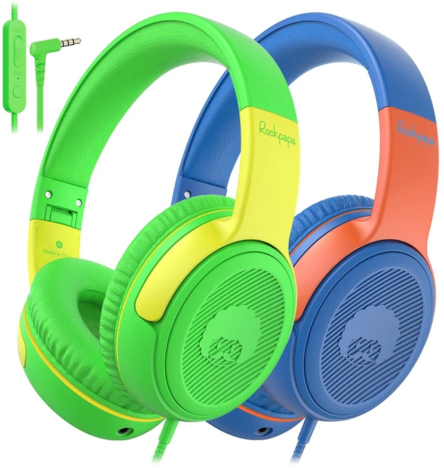 Main image of 2Pcs Kids Headphones Wired with Mic & Share Port, 85/94dB, 3.5mm Student Childs Boys Girls Corded Head phones Foldable for Chromebooks Laptop Phones MP3 Green/Yellow+Blue/Orange