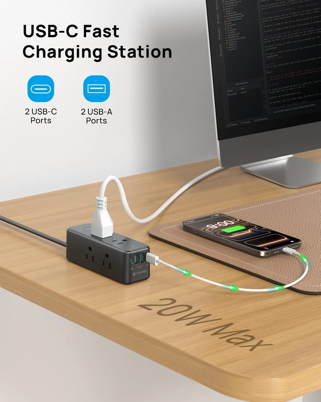 Alt view image 4 of 7 - 360 Rotating Plug Surge Protector Power Strip with USB C PD20W, Black 6 Widely Spaced Outlets, 1440J Surge Protection, Wall-Mountable Design, 10ft Flat Extension Cord for Home Office Dormitory