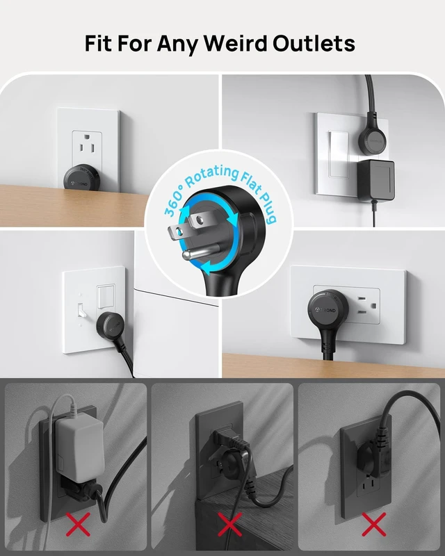 Alt view image 5 of 7 - 360 Rotating Plug Surge Protector Power Strip with USB C PD20W, Black 6 Widely Spaced Outlets, 1440J Surge Protection, Wall-Mountable Design, 10ft Flat Extension Cord for Home Office Dormitory