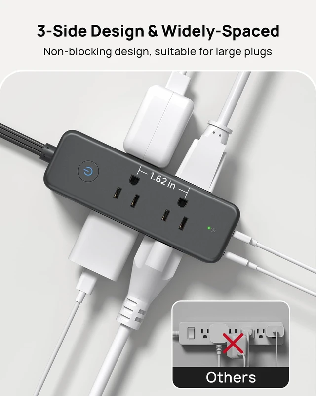 Alt view image 7 of 7 - 360 Rotating Plug Surge Protector Power Strip with USB C PD20W, Black 6 Widely Spaced Outlets, 1440J Surge Protection, Wall-Mountable Design, 10ft Flat Extension Cord for Home Office Dormitory