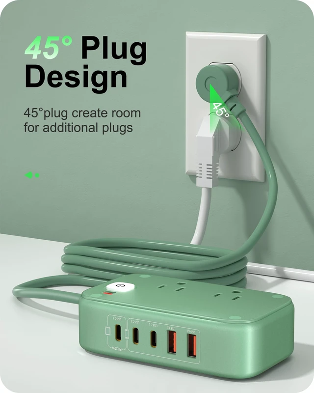 Alt view image 2 of 7 - Portable Travel Power Strip with PD20W 7-in-1 Fast Charging 5 USB Ports 2500W AC Outlets 5FT Flat Plug Extension Cord for Home Office Travel