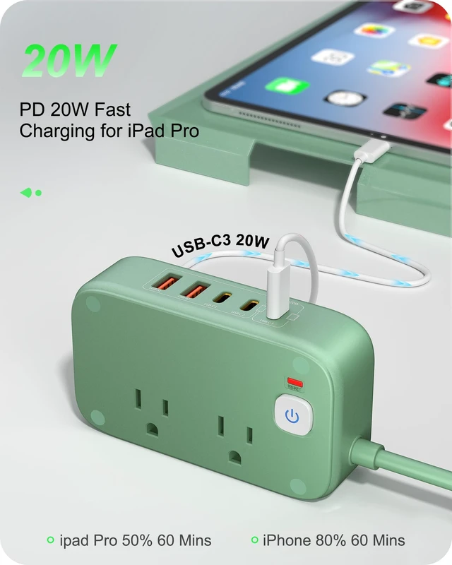 Alt view image 3 of 7 - Portable Travel Power Strip with PD20W 7-in-1 Fast Charging 5 USB Ports 2500W AC Outlets 5FT Flat Plug Extension Cord for Home Office Travel