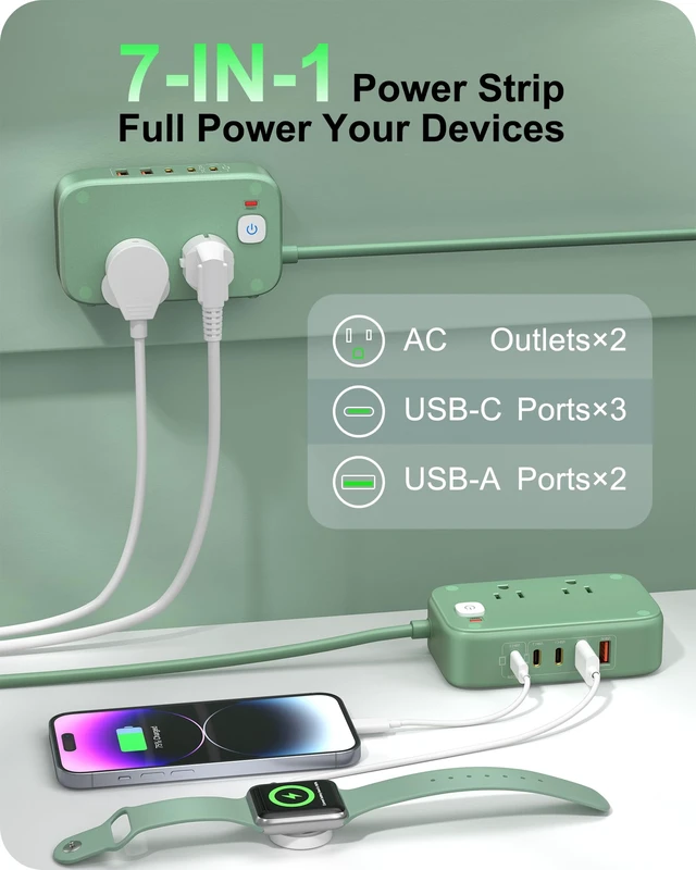 Alt view image 4 of 7 - Portable Travel Power Strip with PD20W 7-in-1 Fast Charging 5 USB Ports 2500W AC Outlets 5FT Flat Plug Extension Cord for Home Office Travel