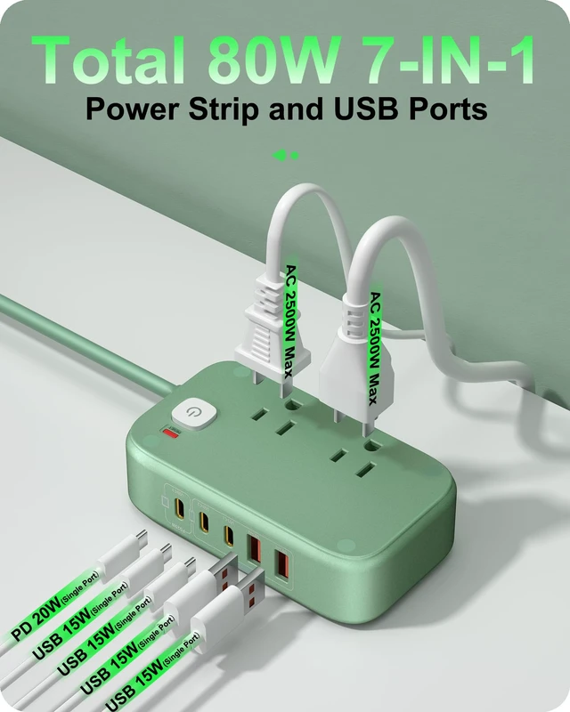 Alt view image 6 of 7 - Portable Travel Power Strip with PD20W 7-in-1 Fast Charging 5 USB Ports 2500W AC Outlets 5FT Flat Plug Extension Cord for Home Office Travel