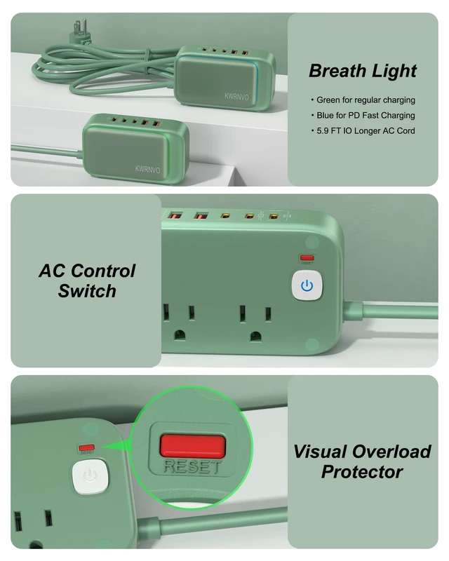 Alt view image 7 of 7 - Portable Travel Power Strip with PD20W 7-in-1 Fast Charging 5 USB Ports 2500W AC Outlets 5FT Flat Plug Extension Cord for Home Office Travel