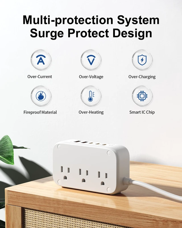 Alt view image 4 of 7 - 5FT Portable USB C Power Strip USB Ports Extension Cord PD 20W Flat Wall Plug Charger Multipl Outlets with 2500W AC Outlets, 3 USB-C Ports, 2 USB-A Ports for Home/Office/Travel