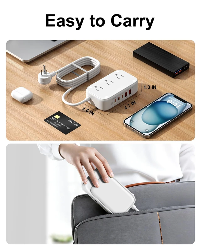 Alt view image 5 of 7 - 5FT Portable USB C Power Strip USB Ports Extension Cord PD 20W Flat Wall Plug Charger Multipl Outlets with 2500W AC Outlets, 3 USB-C Ports, 2 USB-A Ports for Home/Office/Travel