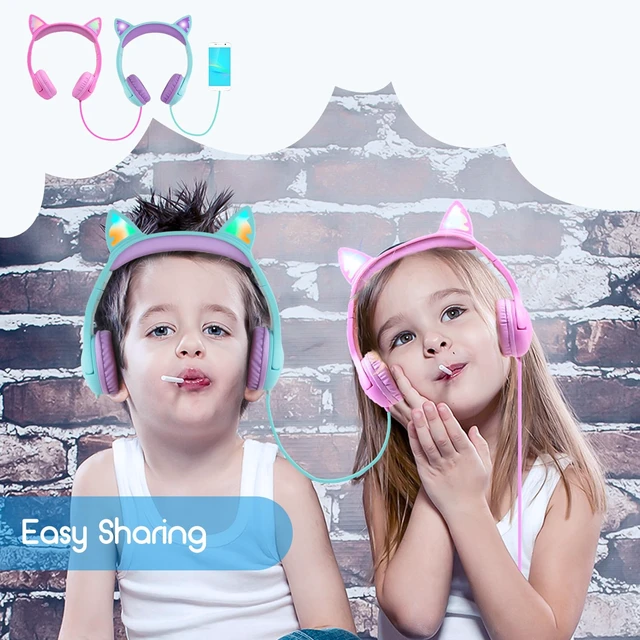 Alt view image 3 of 7 - Kitty Headphones for Kids, Wired Cat Ears Headset, Dual Audio Port Lightblue; LED Light-Up;On-ear headset; Built-in audio sharing jack; Microphone for children, toddlers, boys, girls